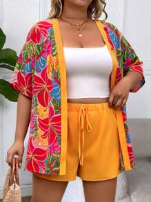 Breezaya 2pcs Plus Size Set: Printed Shirt And Elastic Waist Shorts - Multicolor - View 4