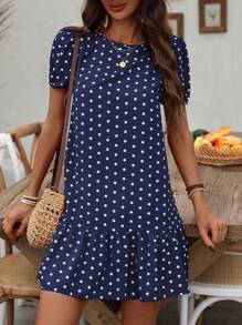 EMERY ROSE Polka Dot Print Bubble Sleeve Klänning med volang fåll för nyårskläder - Marinblå - Visa 5