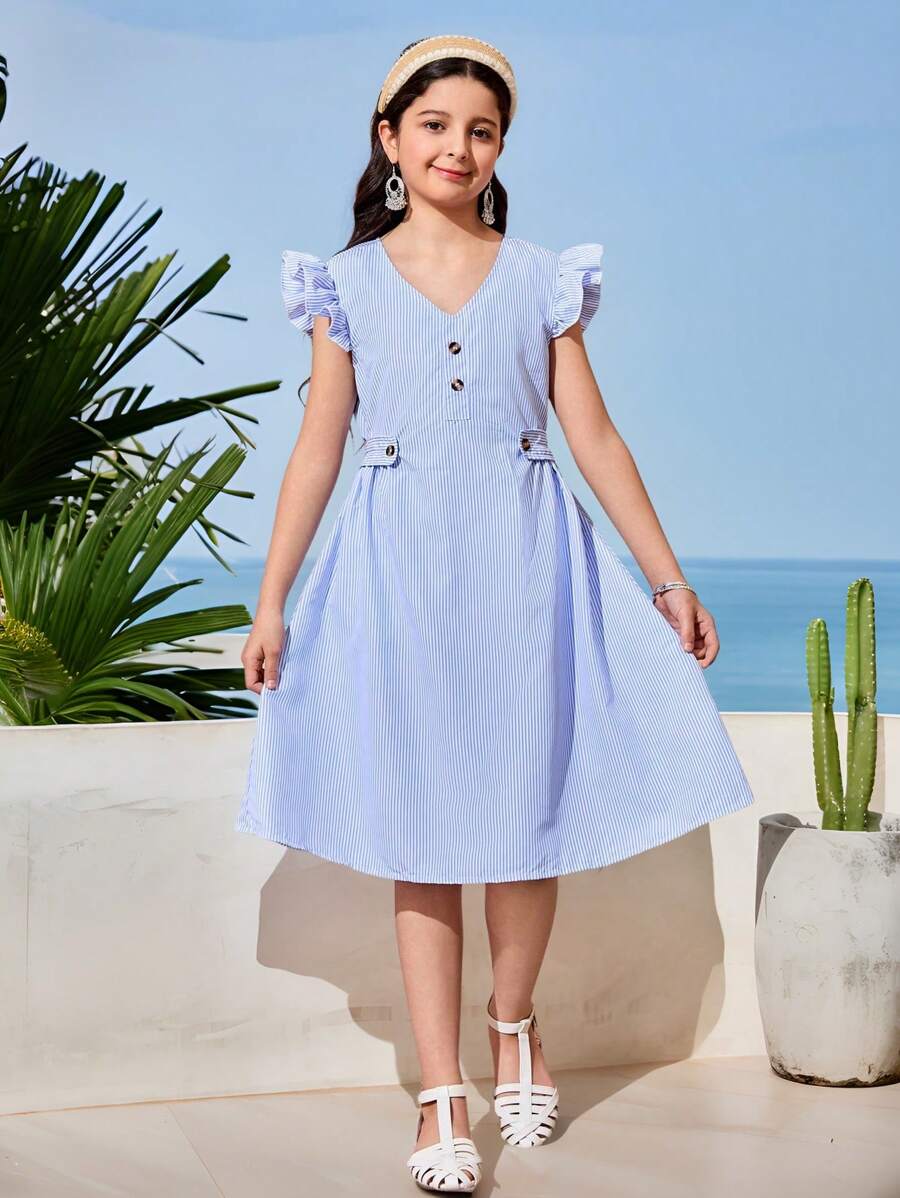 Tween Girl Casual Elegant Cute Everyday Versatile Dress, Suitable For Outings - Blue and White - View 1