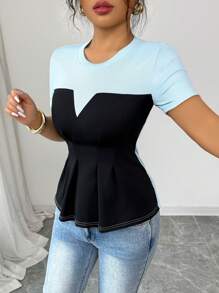 Elenzga 2025 Nieuw Mode Patchwork Ontwerp Taille Cinching Korte Mouw T-shirt