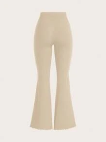 SHEIN PETITE CURVE 大码女式纯色弹力腰带牙签腿设计喇叭休闲裤高弹力女式教师裤 - 杏色 - 查看 2