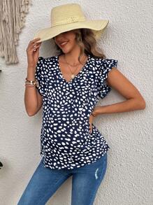 SHEIN Blusa ampia a maniche a volant, scollo a V, con stampa tutto-over, per gravidanza