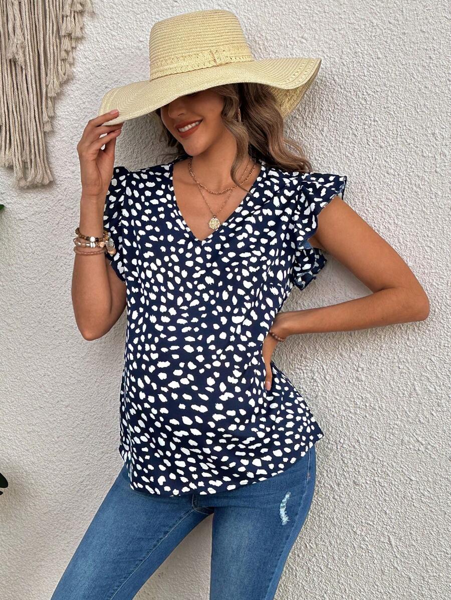 SHEIN Blusa ampia a maniche a volant, scollo a V, con stampa tutto-over, per gravidanza