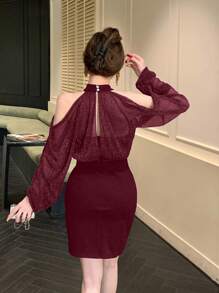 DAZY 女士返校短款连衣裙，迷你长款优雅秋季连衣裙返校节连衣裙长袖连衣裙红色女士连衣裙 - 酒紅色 - 查看 3