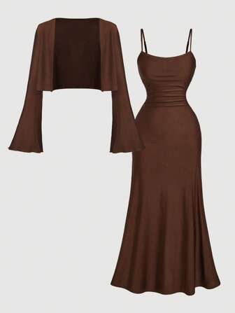 SHEIN MOD 2 pièces/set Cardigan marron café et robe mi-longue, grande taille pour femmes