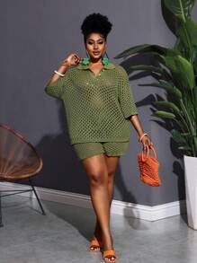 SHEIN CURVE+ Curve Plus 秋季毛衣套装，Greenfall 女装，冬季，CURVE PLUS - 軍綠色 - 查看 6