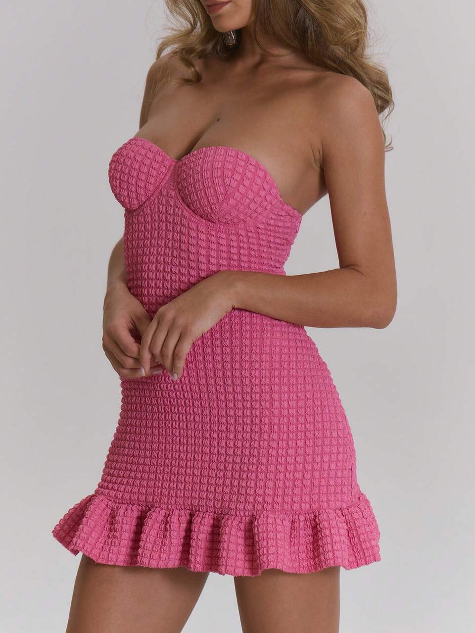 Bandeau Bust Detail Textured Ruffle Hem Fitted Mini Dress Summer Pastel Elegant Cute Dainty Fields Ibiza Holiday Beach Night Out Date Night Birthday