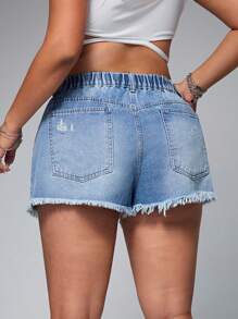 SHEIN EZwear Shorts vaqueros informales y versátiles de talla grande para mujer con bolsillos y dobladillo deshilachado