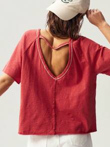 Bohemela BOHO Vacation Solid Color Knit V-Neck Short Sleeve Loose Backless Washed Women T-Shirt