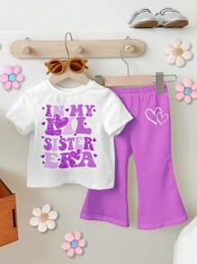 SHEIN Leap Crew Baby Girls Casual Simple Short Sleeve Crew Neck Top And Pants Set, Suitable For Spring & Summer - Purple - View 1