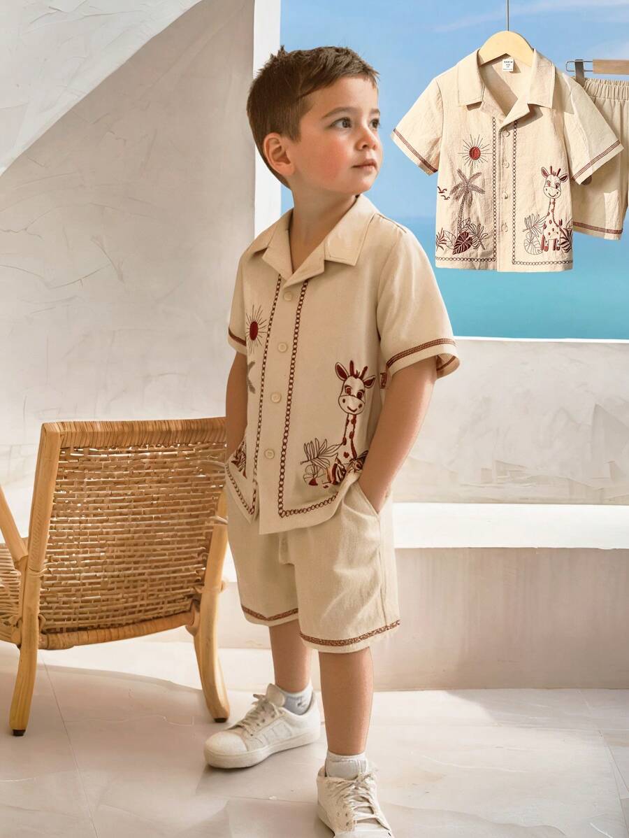 SHEIN 2 Stücke/Set Baby Jungen Hawaii Blumen Bedrucktes Hemd und Shorts, bequem, atmungsaktiv, kühl und feuchtigkeitsableitend für Strandurlaub oder Inselrundfahrt