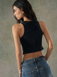 LYSMO Camiseta de tirantes ajustada acanalada con detalles de corte para mujer - Gris - Ver 2