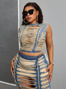 SHEIN SXY Plus Size Fashionable & Sexy Washed Hollow Out Cropped Denim Top - Blue - View 6