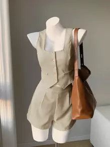 Comfortcana Women's Khaki Cardigan And Shorts 2 Pieces Suit Set - Khaki - View 3