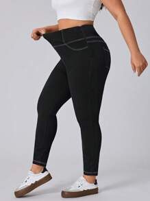 SHEIN Essnce 大码女式撞色缝线简约修身休闲牛仔裤 - 黑色 - 查看 6