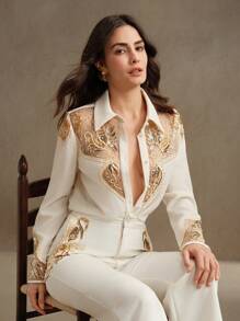 Anewsta Áo sơ mi dài tay kiểu phương Tây thời trang nữ OldMoney thanh lịch có thêu ngọc trai và chi tiết cắt may - trắng - Xem 6