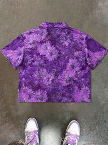 PAVTROS Manfinity Streetrush Men's Blue Sunflower Letter & Horse Icon Print Zip Up Shirt , Men Rave Shirt , Streetwear Shirts - Multicolor - View 2