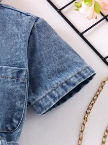 Young Girls White Flower Embroidered Shirt Collar Casual Washed Denim Jumpsuit With Belt