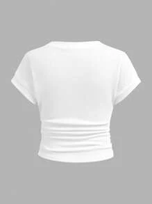 SHEIN Leap Crew Tween 女童度假休闲纹理三色 V 领简约时尚 T 恤 - 彩色 - 查看 10