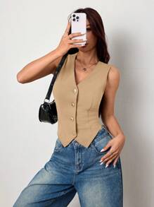 K-Vae Atasan Tank Top Wanita Kasual Warna Polos Rajut Leher V Pas Badan untuk Musim Gugur/Dingin - Khaki - View 1