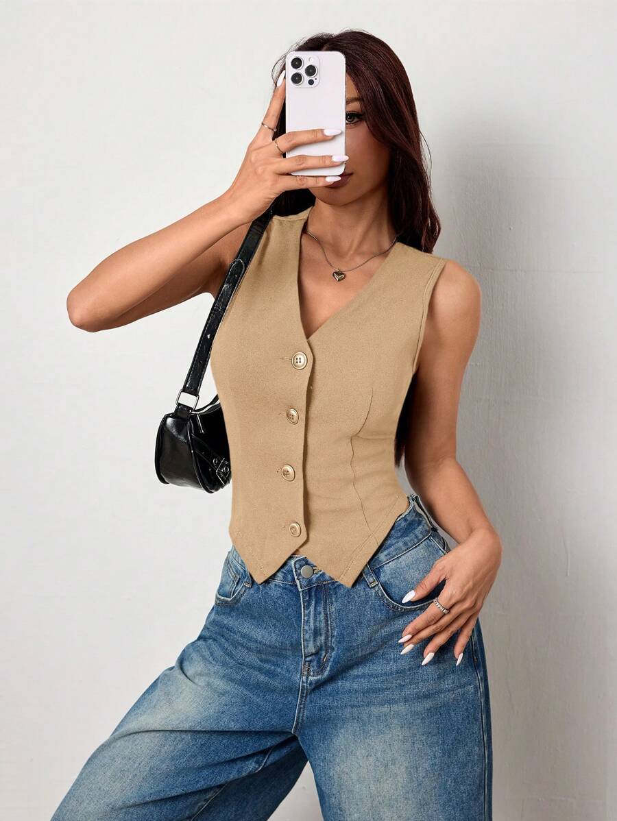 K-Vae Atasan Tank Top Wanita Kasual Warna Polos Rajut Leher V Pas Badan untuk Musim Gugur/Dingin - Khaki - View 1