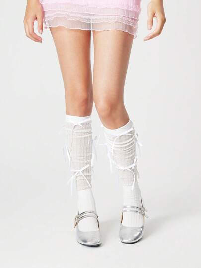 Kawaii 1 Pair White Bow Striped Over-The-Knee Socks, Cute JK Style Patchwork Long Tube Socks, Solid Ribbed Casual Daily Wear