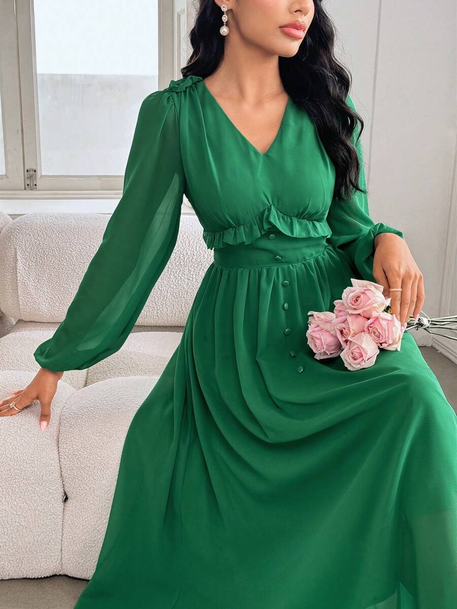 Modelyn Women's High-End Luxurious Chiffon Green Long Sleeve Ruffle Hem Dress - Green - View 1