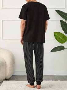 RueChic Men Stripe Printed Regular Shortsleeve Homewear Set - Grey - View 2