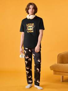 男式休闲时尚印花圆领短袖家居服上衣 - 黑色 - 查看 1