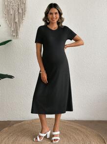 SHEIN Vestido casual de línea A con escote redondo, mangas cortas, bolsillos laterales, para embarazadas - Negro - Negro - Ver 4