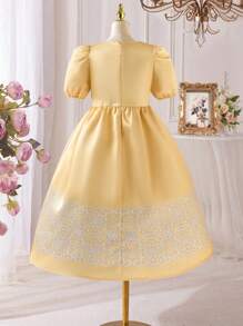 SHEIN Elegantes, bedrucktes Patchwork-Prinzessinnenkleid mit Puffärmeln für Tween-Mädchen