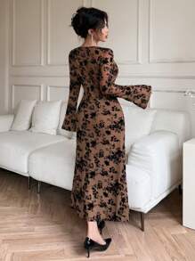 DAZY Valentine's Day Sexy Allover Print Flocked Ditsy Floral Mesh Women's Mid-Length Dress Elegant,Fall Dress Long Sleeve Dress - Coffee - View 2