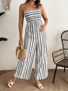 SHEIN 孕妇条纹露肩荷叶边阔腿连体裤 - 黑與白 - 查看 1