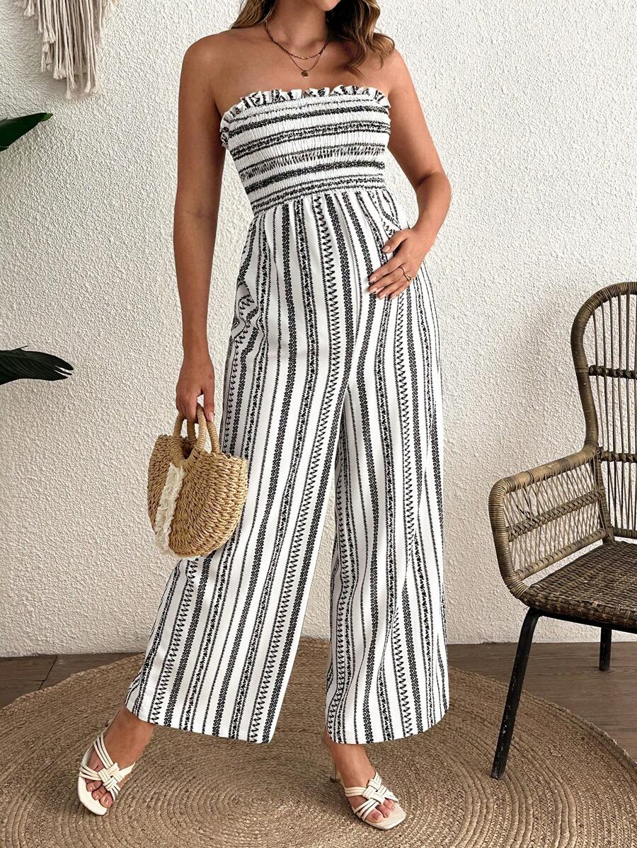 SHEIN 孕妇条纹露肩荷叶边阔腿连体裤 - 黑與白 - 查看 1