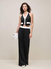 BizChic Setelan Jas Wanita Tanpa Lengan Warna Hitam, Pakaian Kerja Kantor Urban untuk Musim Semi/Panas - Hitam dan Putih - View 4