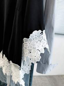 SHEIN LUNE Áo cánh nữ thanh lịch, đi làm, gợi cảm, tối giản, dễ thương, giản dị, đa năng, thời trang có viền ren, cổ tròn, viền lưới, màu đen và trắng, cỡ lớn, phù hợp cho mùa xuân, hè, thu - màu đen - Xem 4