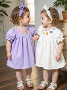 SHEIN Vintaside Kids 2pcs Baby Girl Lovely Floral Print Round Neck Short Puff Sleeve Casual Dress - Multicolor - View 1