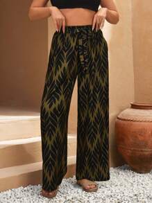 RueChic Women's Casual Loose Wide Leg Pants, Vacation Holiday, Spring Summer - Army Green - View 4