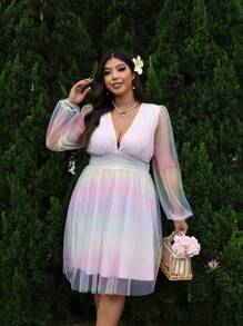 Breezaya Vestido sexy de manga farol con escote profundo en V y malla en tallas grandes para mujer