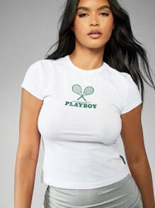 Missguided x Playboy 网球拍标志短款 T 恤运动休闲短袖修身 T 恤运动服复古街头服饰夏季春季健身上衣 - 白色 - 查看 5