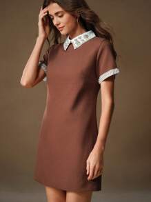 Anewsta Elegant Rhinestone & Pearl Embellished Lapel Maillard Color Dress For Women - Rust Brown - View 5