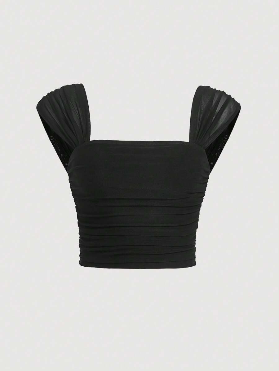SHEIN MOD Top corto fruncido de cuello cuadrado