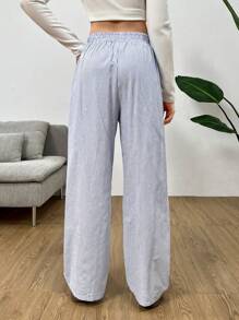 SHEIN 少女编织拼色条纹松紧腰休闲裤 - 藏蓝色 - 查看 2