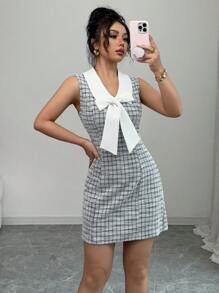 Elenzga Sleeveless Contrast Color Collar Bowknot Waist Elegant Romantic Women Dress