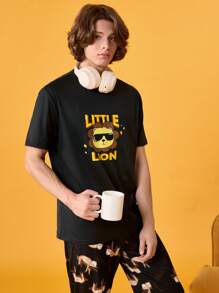 男式休闲时尚印花圆领短袖家居服上衣 - 黑色 - 查看 5