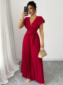 Elenzga Nuevo mono para mujer con cuello en V, mangas campana con volantes, pierna ancha fruncida, estilo ceñido y acampanado, para uso casual, viajes, fiestas, citas, elegante y de ajuste ceñido