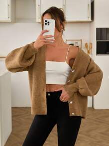 EURMUSE Women Rhinestone Flower Button Detailed Soft Touch Elegant Chick Cardigan,Long Cardigans Woman,Petite Cardigans,Cardigans - Brown - View 6