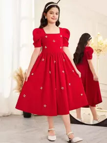 Tween Girls 优雅珍珠串珠方领羊腿袖荷叶边下摆纯色缎面派对礼服，适合婚礼、生日、派对