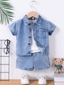 SHEIN Ensemble décontracté d'été pour bébé garçon, jeans bleu clair délavé