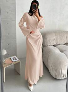 Aloruh Light Pink Elegant Satin Asymmetric Ruched Flare Long Dress With Cinched Waist, Suitable For Valentine's Day,Pastel Dresses For Women - Khaki - View 6